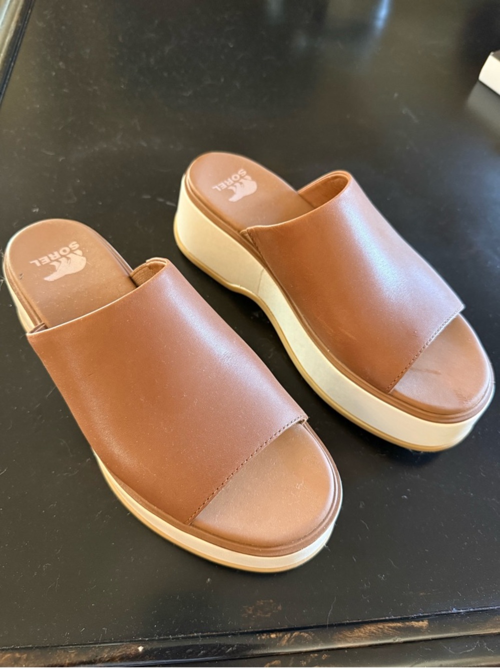 Sorel Tan Leather-Look Platform Slide Mules